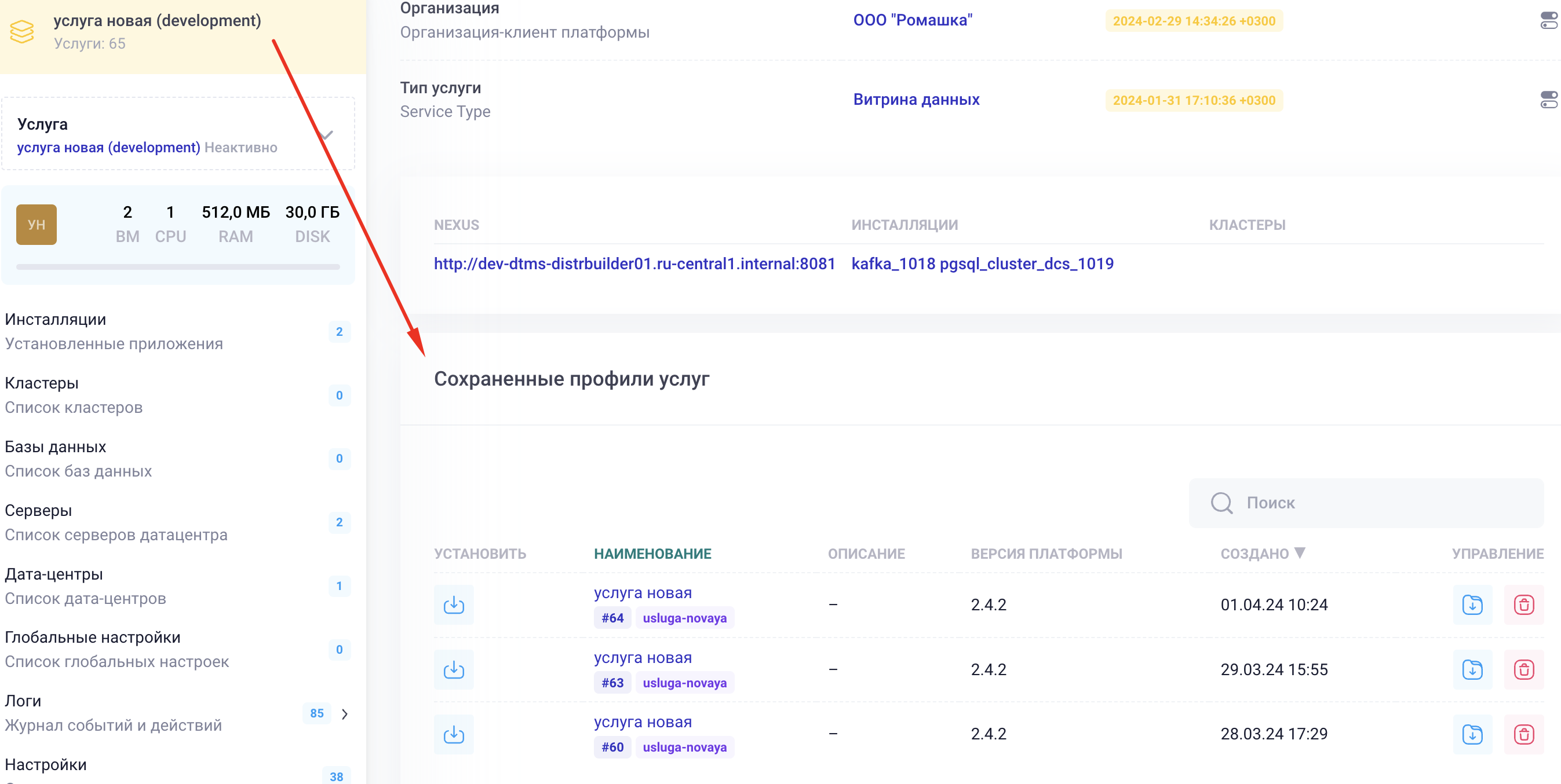 Список профилей, созданных на основании текущей услуги