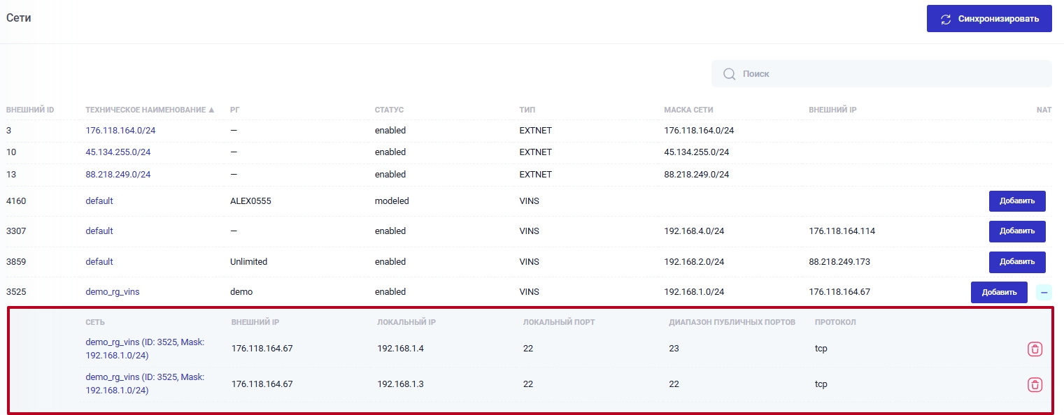 Список добавленных NAT-правил для гипервизора